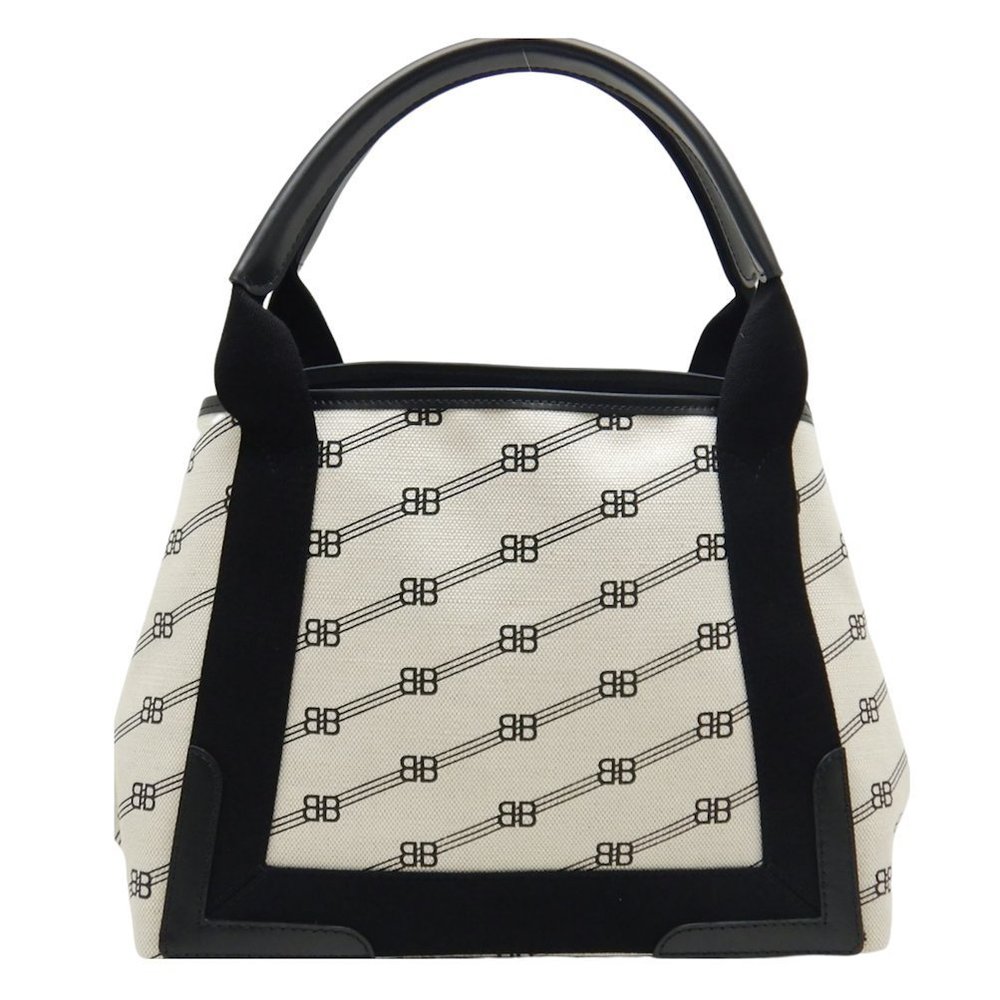 Balenciaga Navy Cabas Handbag BB Logo Canvas Leather White Black